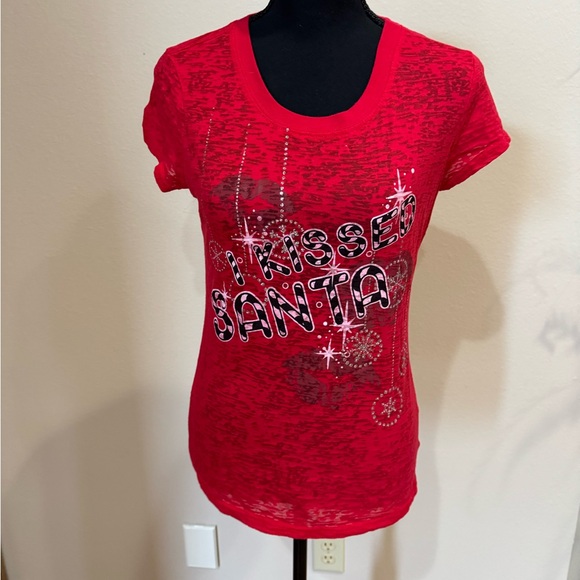 Rocker Girl Tops - Festive Red 'Kissed Santa' Women's Tee